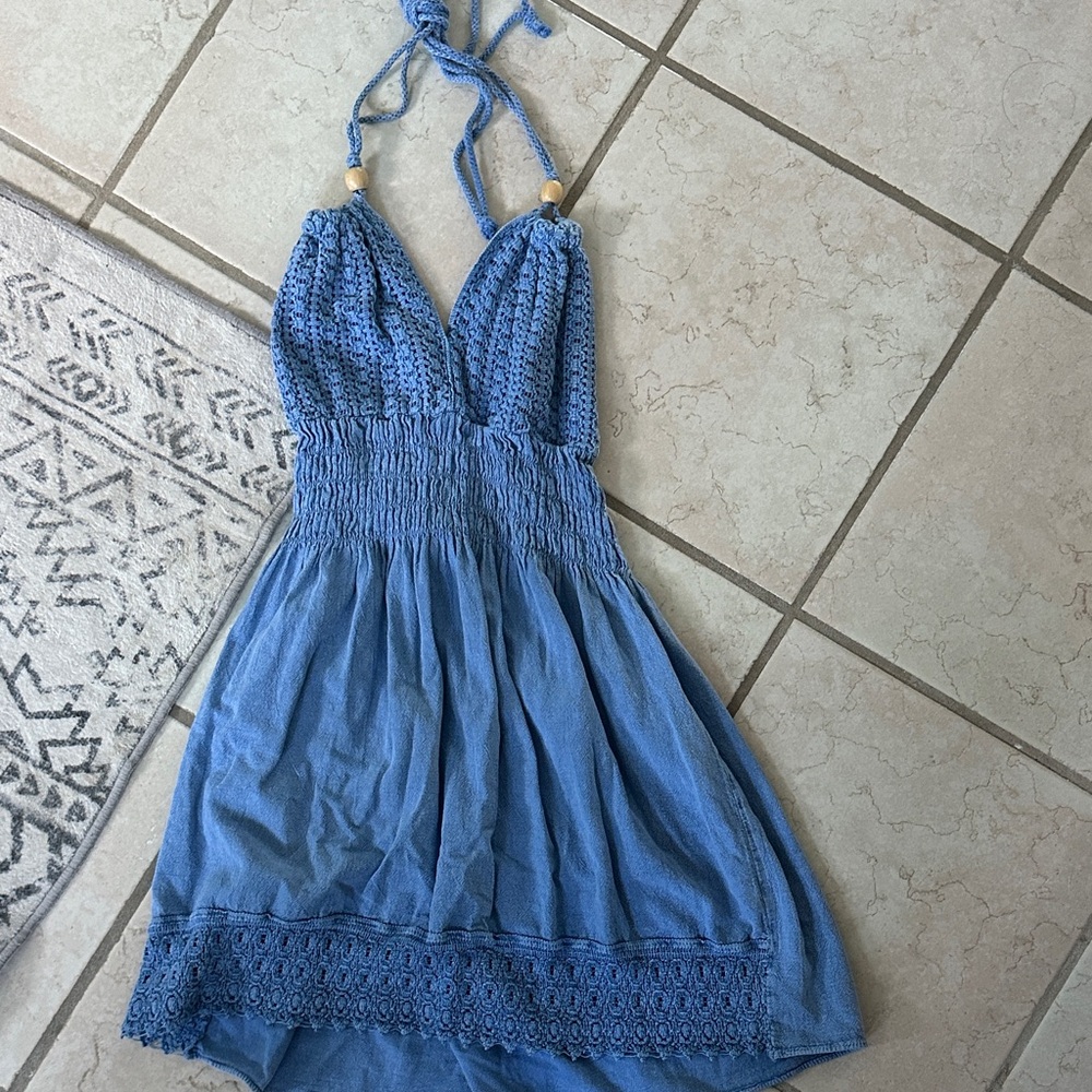 Blue Halter Dress with Crochet Details